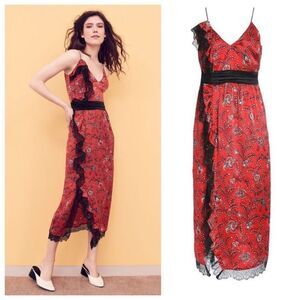 Cinq à Sept Silk V-Neck Dress Red Lace Detail Contrast Waistband Size 6 Evening